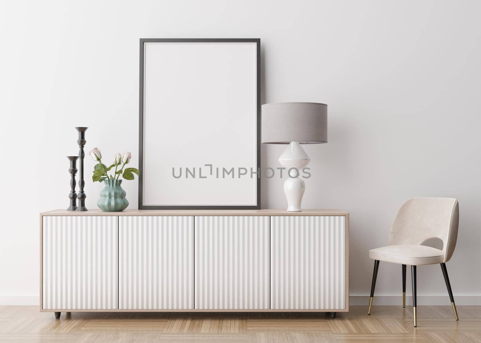 Empty vertical picture frame on white wall in modern living room. Mock up interior in contemporary style. Free space for picture, poster. Console, armchair, lamp, flowers. 3D rendering