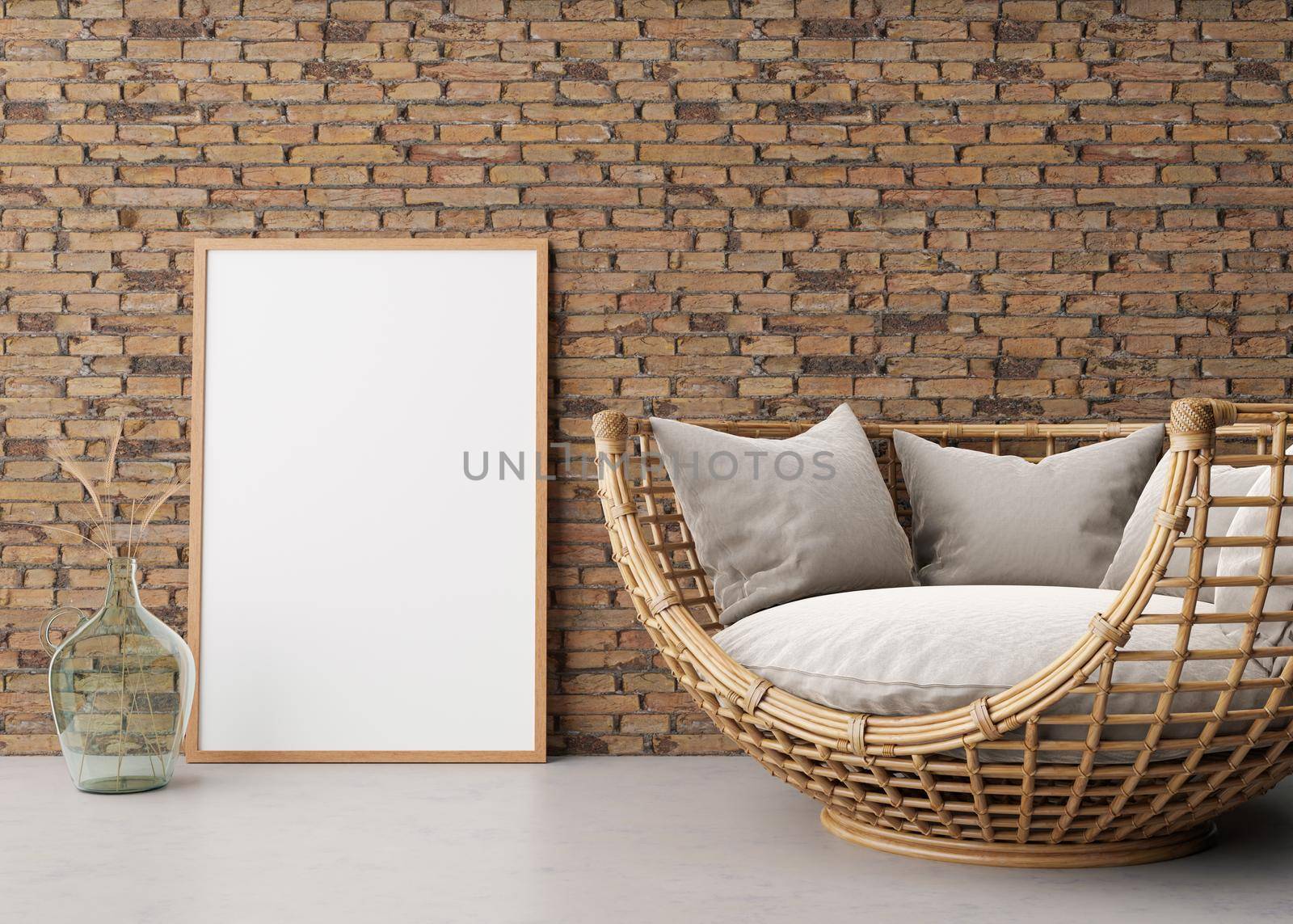 Empty vertical picture frame on brick wall in modern living room. Mock up interior in scandinavian, boho style. Free space for picture. Rattan sofa and dried grass in glass vase. 3D rendering. by creativebird
