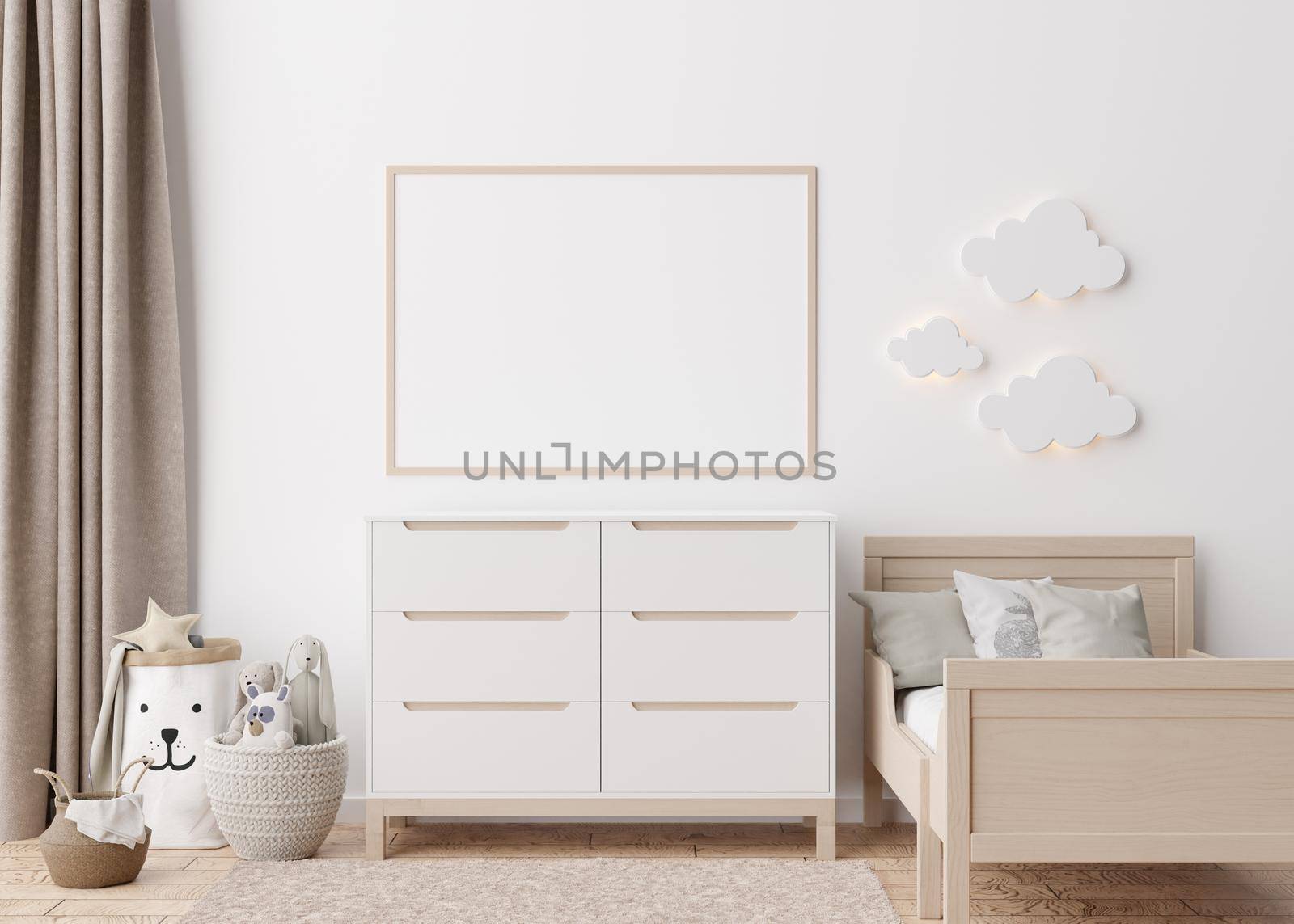 Empty horizontal picture frame on white wall in modern child room. Mock up interior in scandinavian style. Free, copy space for your picture. Bed, console, toys. Cozy room for kids. 3D rendering