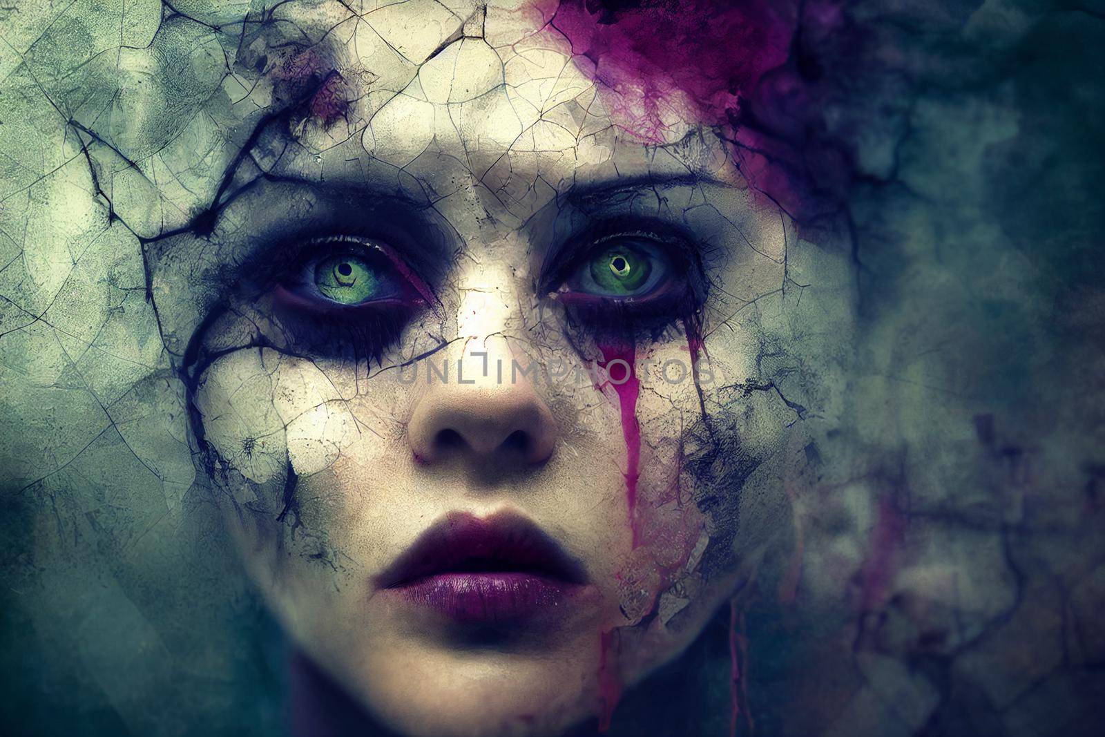3D Render abstract spooky portrait of fractured face lost souls in Halloween