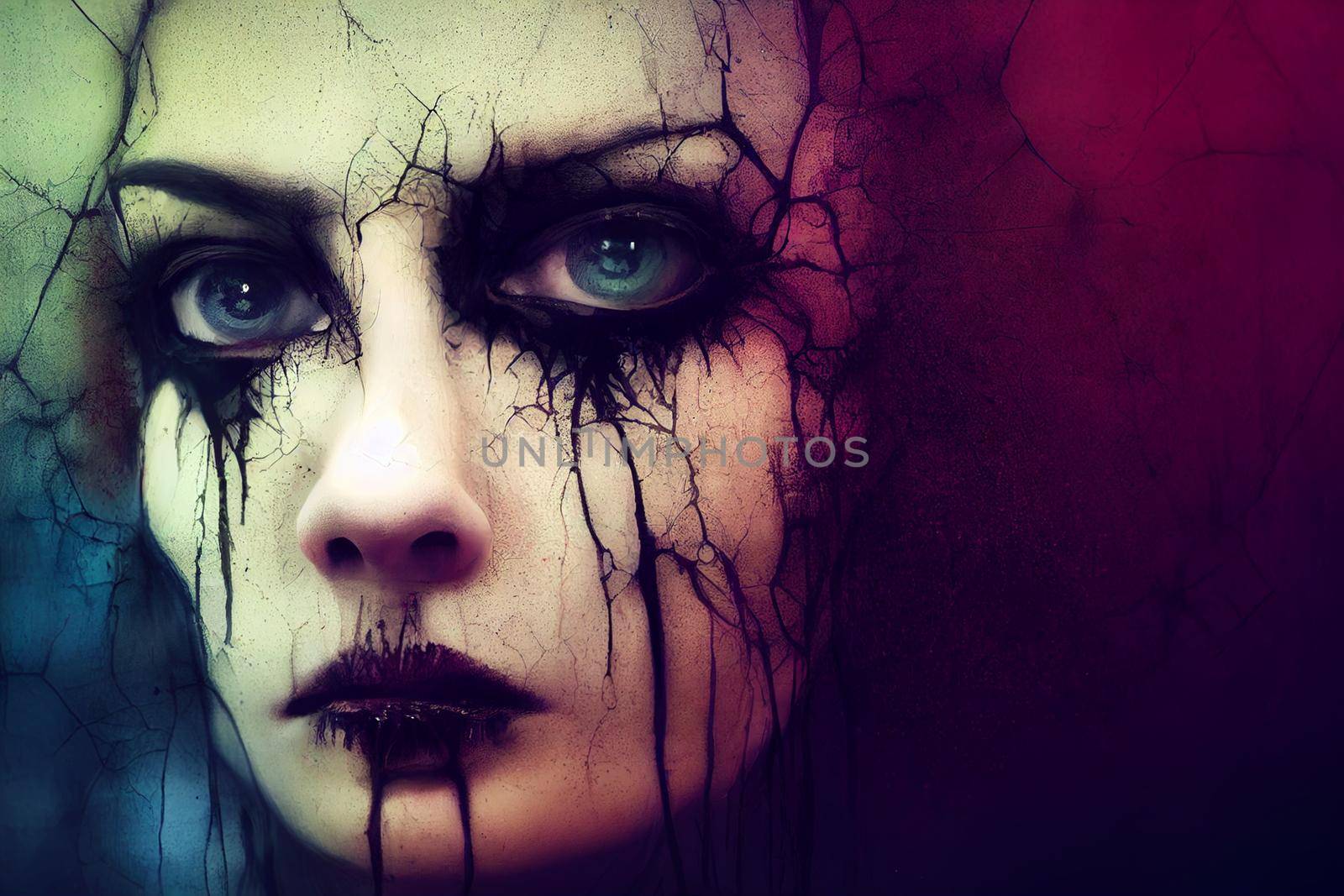 3D Render abstract spooky portrait of fractured face lost souls in Halloween