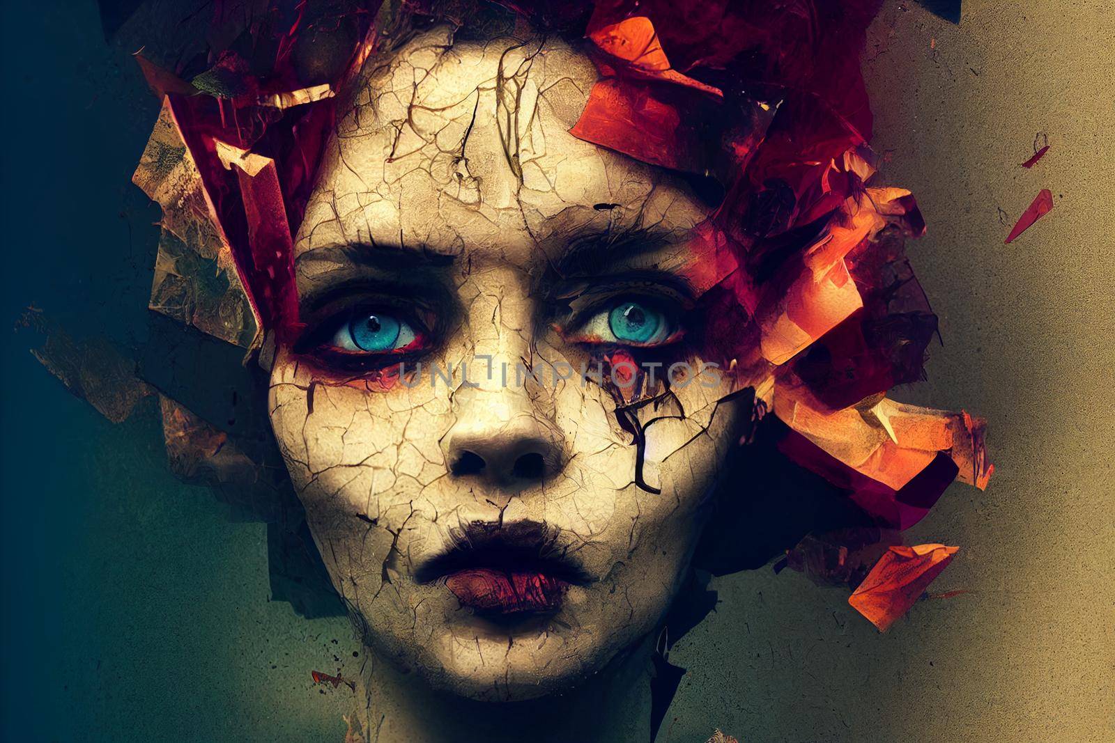 3D Render abstract spooky portrait of fractured face lost souls in Halloween