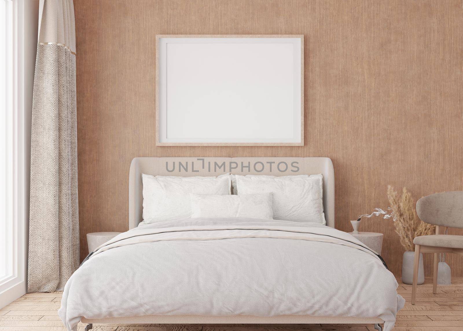 Empty picture frame on wooden wall in modern bedroom. Mock up interior in boho style. Free, copy space for your picture, poster. Bed, window and curtain, pampas grass, parquet floor. 3D rendering