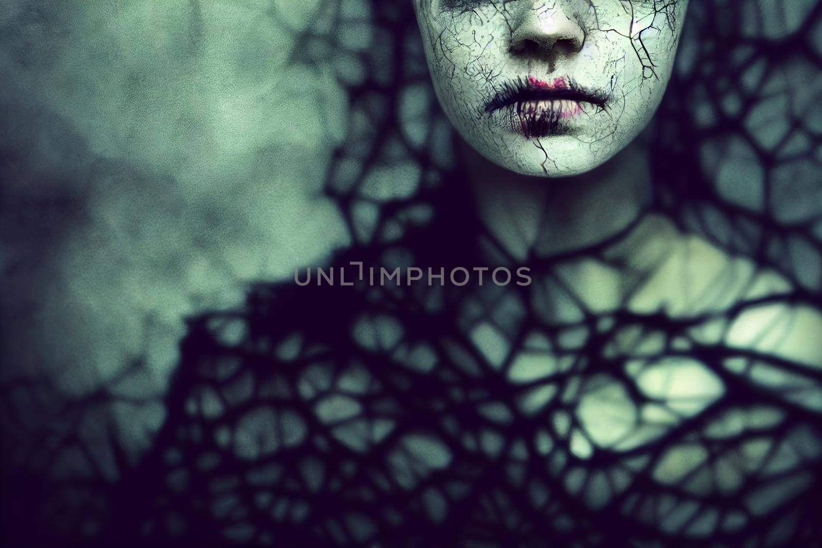 3D Render abstract spooky portrait of fractured face lost souls in Halloween