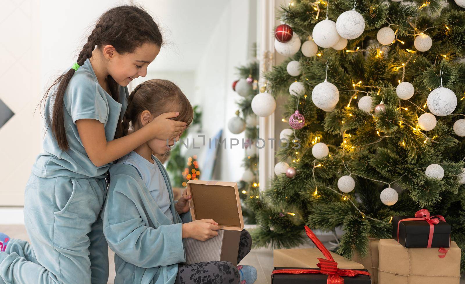 Two cute beautiful girls near the Christmas tree with gifts. New Year. Christmas.