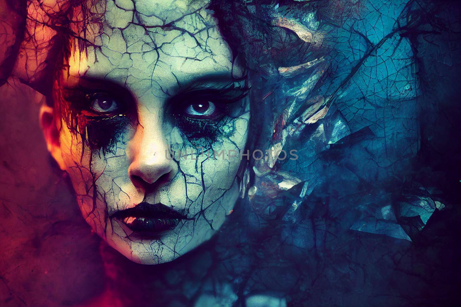 3D Render abstract spooky portrait of fractured face lost souls in Halloween