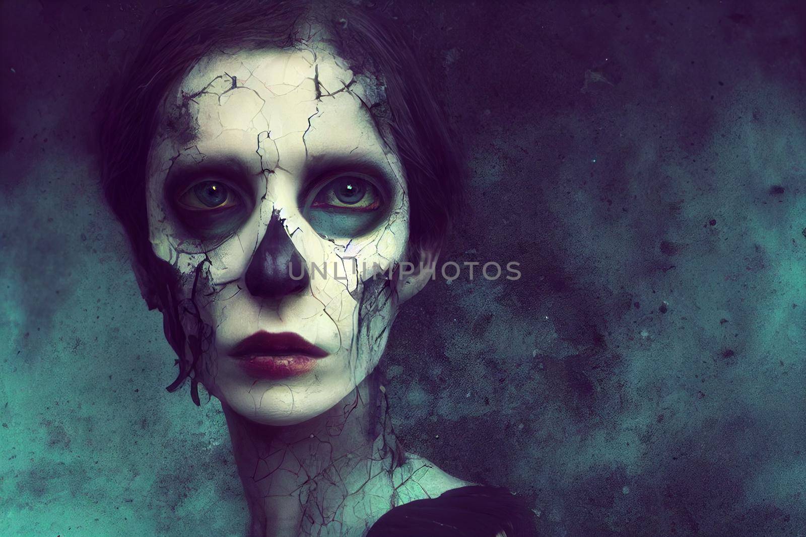 3D Render abstract spooky portrait of fractured face lost souls in Halloween