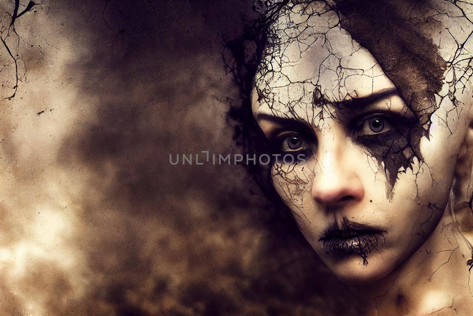 3D Render abstract spooky portrait of fractured face lost souls in Halloween