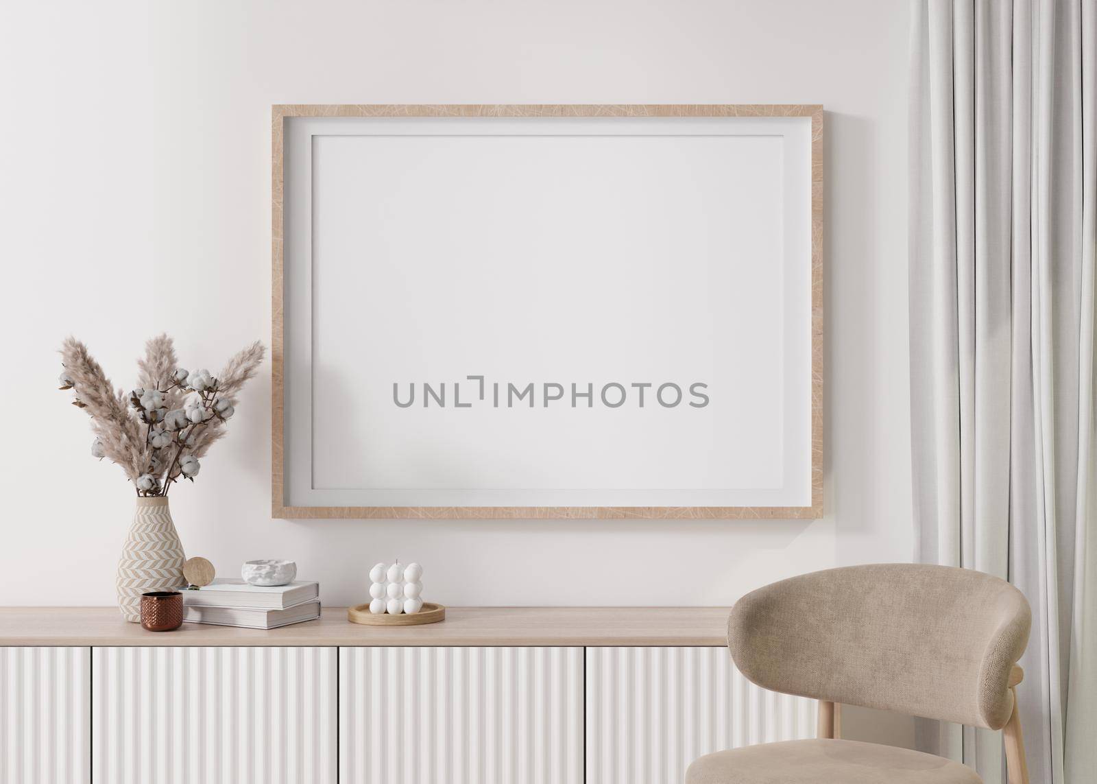 Empty horizontal picture frame on white wall in modern living room. Mock up interior in minimalist, contemporary style. Free space for your picture, poster. Console, pampas grass, vase. 3D rendering