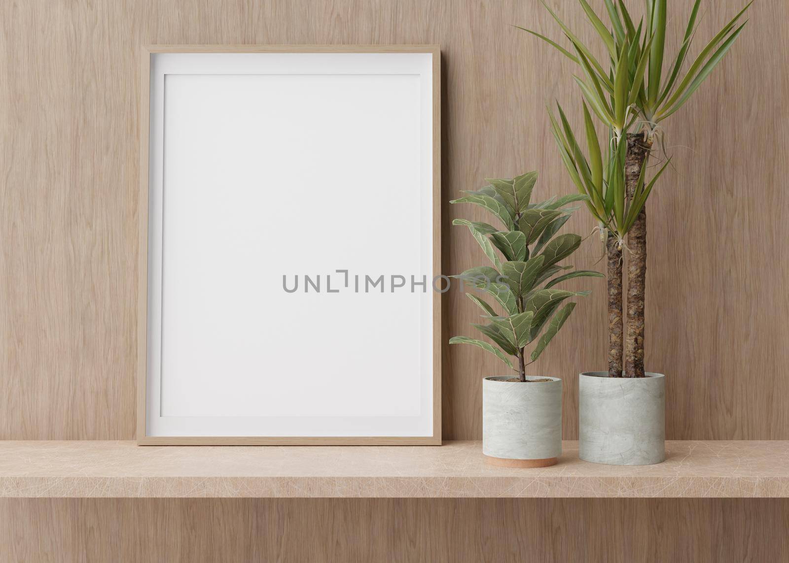 Empty vertical picture frame standing on shelve in modern room. Mock up interior in contemporary style. Free, copy space for picture. Plants. 3D rendering. by creativebird
