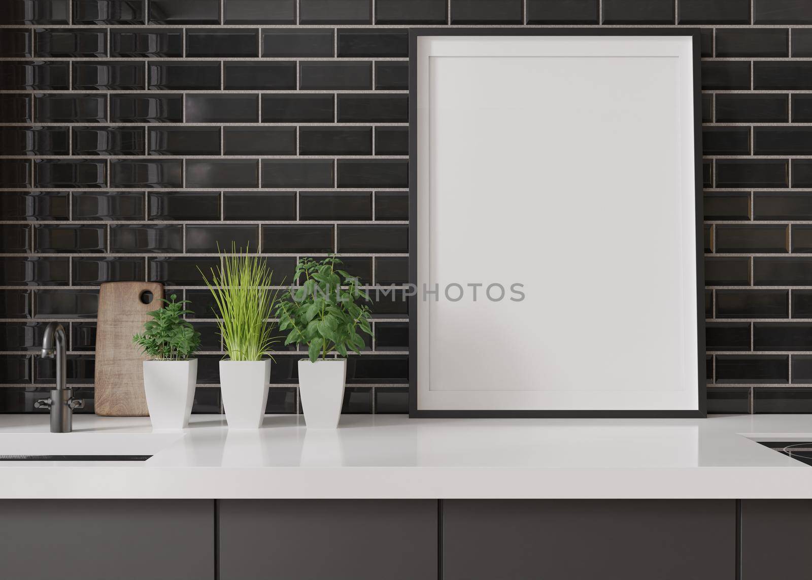 Empty vertical picture frame standing in modern kitchen. Mock up interior in minimalist, contemporary style. Free, copy space for your picture, poster. Close up view. 3D rendering