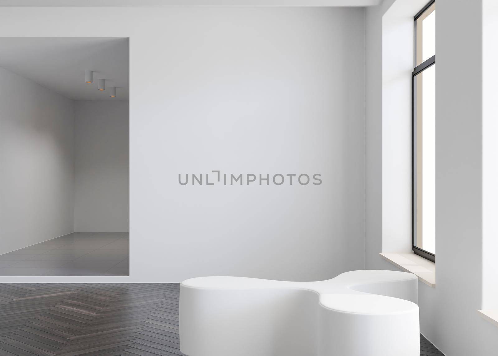 Empty white wall in modern art gallery. Mock up interior in minimalist style. Free, copy space for your artwork, picture, text, or another design. Empty exhibition space. 3D rendering
