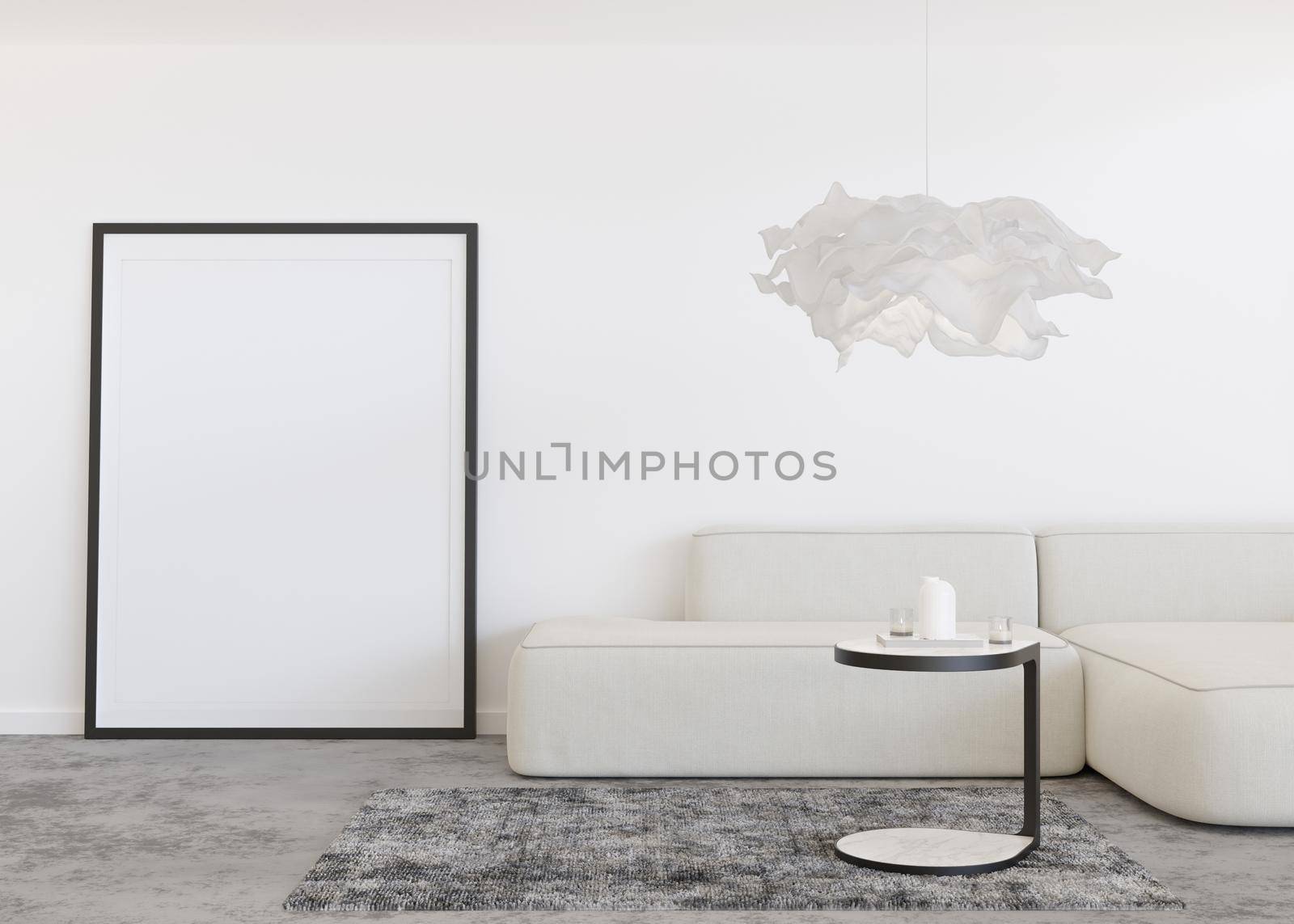 Empty vertical picture frame standing on concrete floor in modern living room. Mock up interior in contemporary style. Free, copy space for your picture, poster. White wall, sofa, lamp. 3D rendering