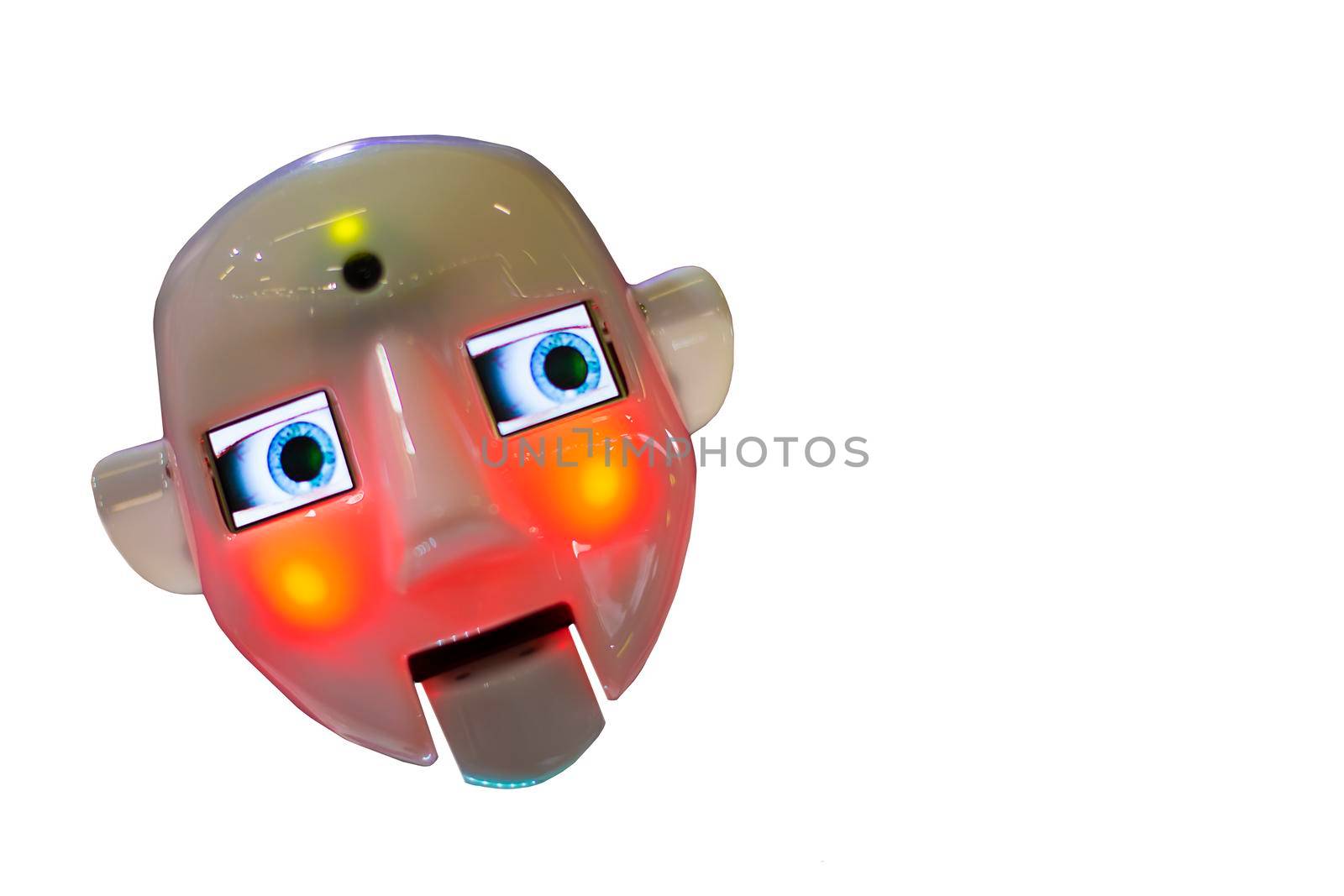 Funny robot face on a white background.