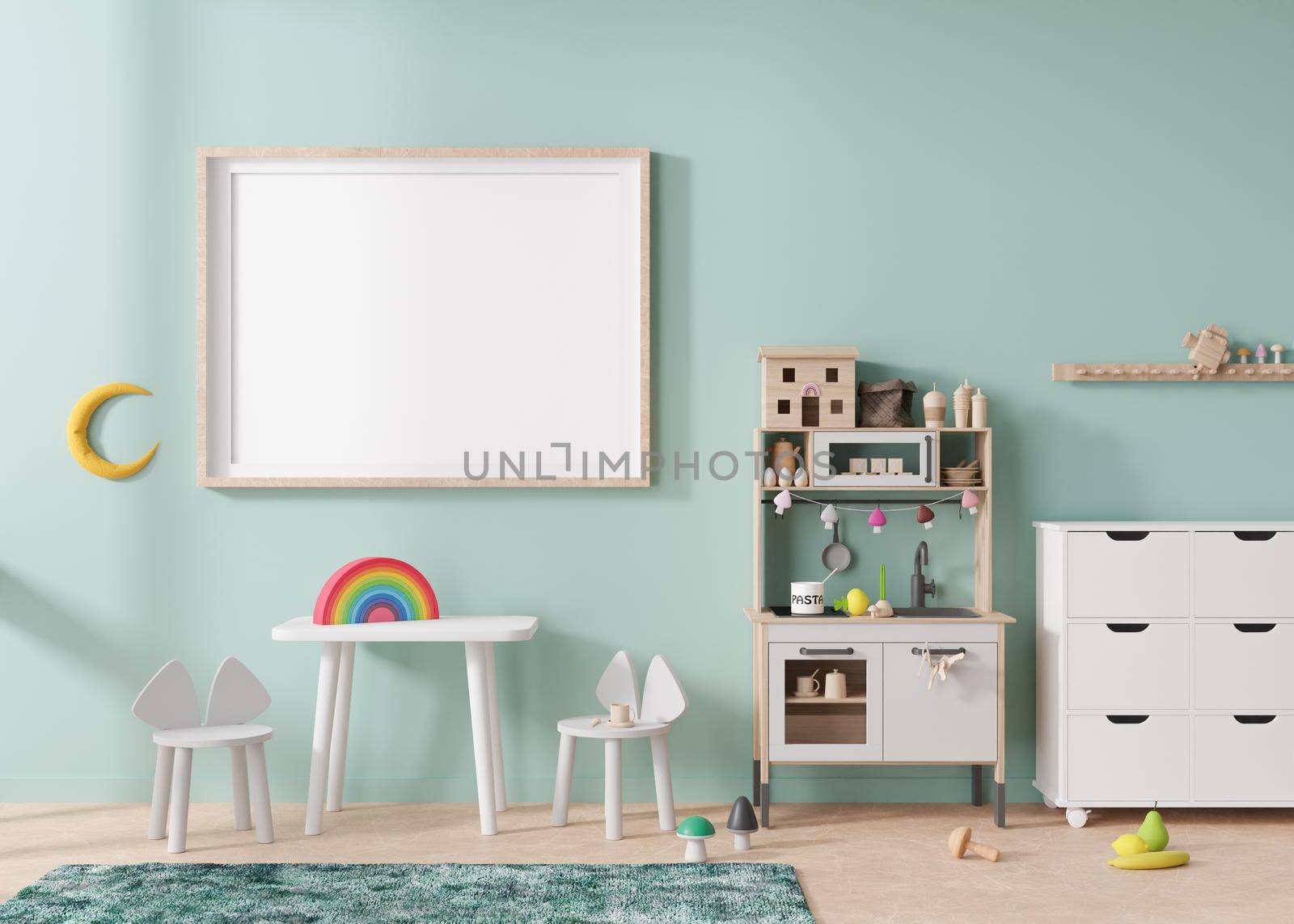 Empty horizontal picture frame on mint blue wall in modern child room. Mock up interior in scandinavian style. Free, copy space for picture. Table with chairs, toys. Cozy room for kids. 3D rendering