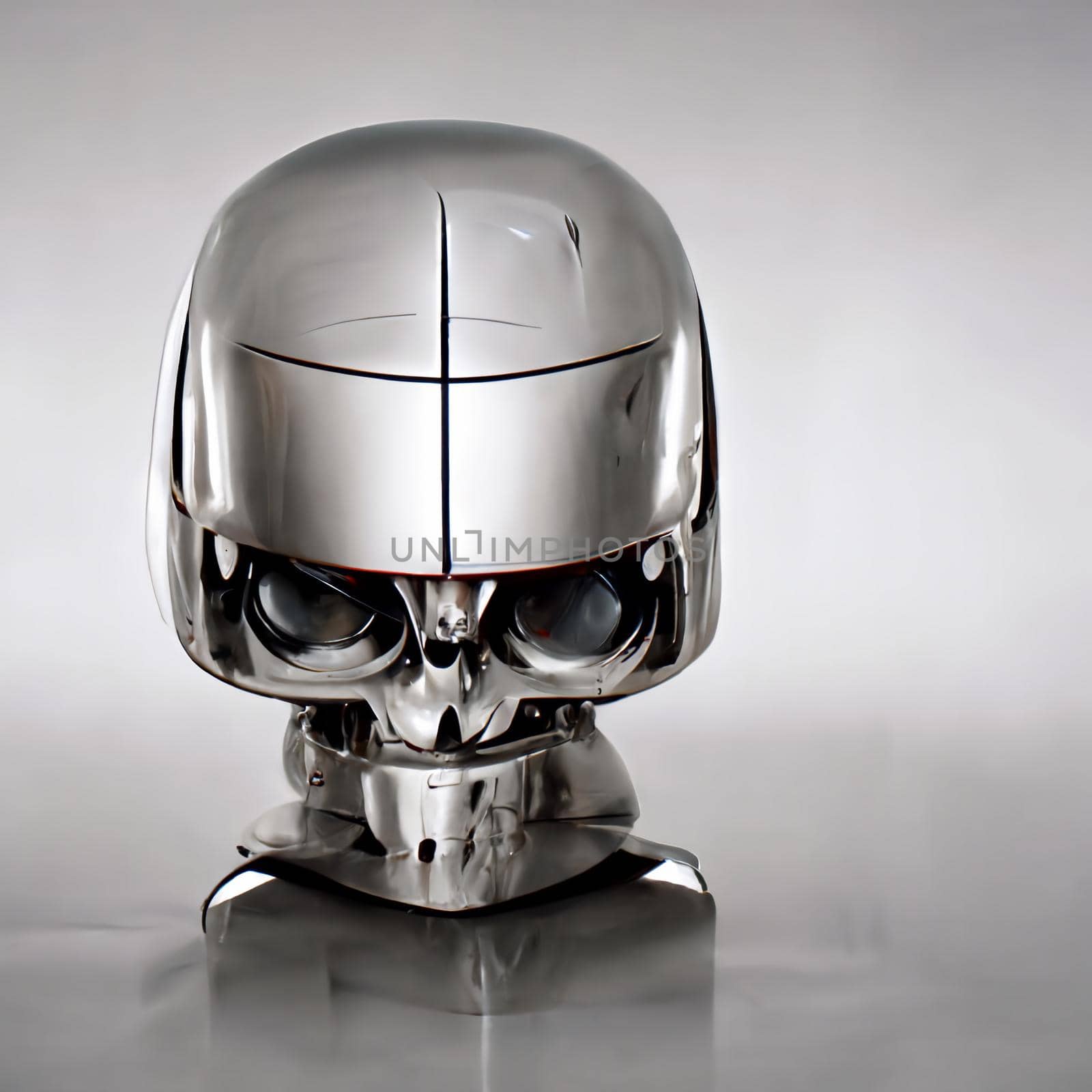 Chromed robot head looking at a the human