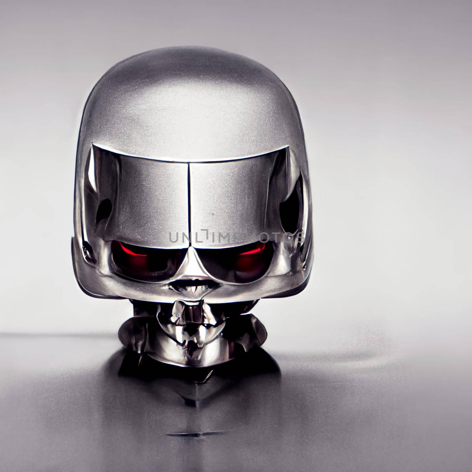 Chromed robot head looking at a the human