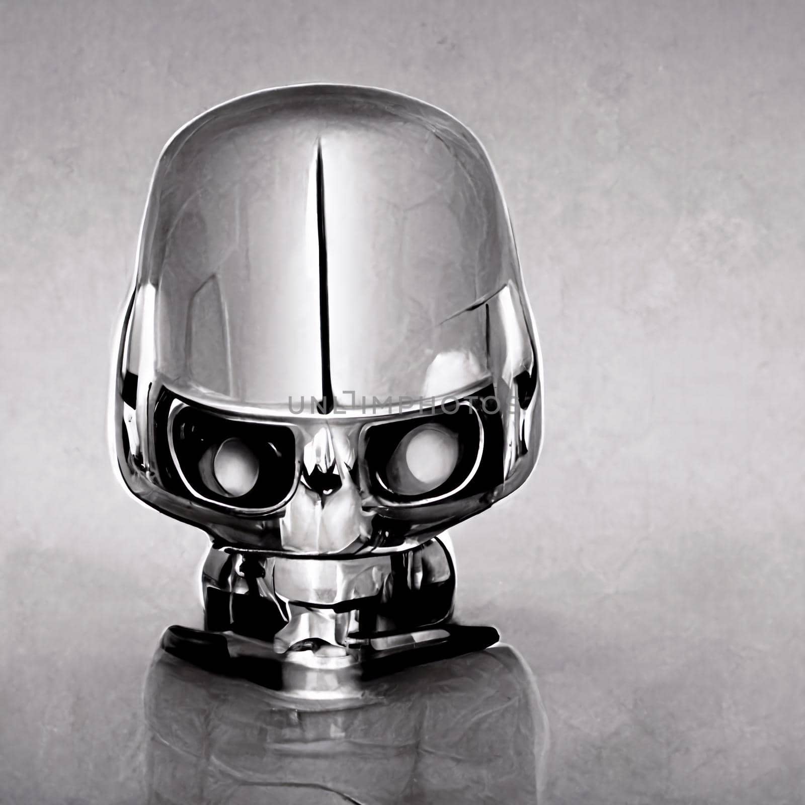 Chromed robot head looking at a the human