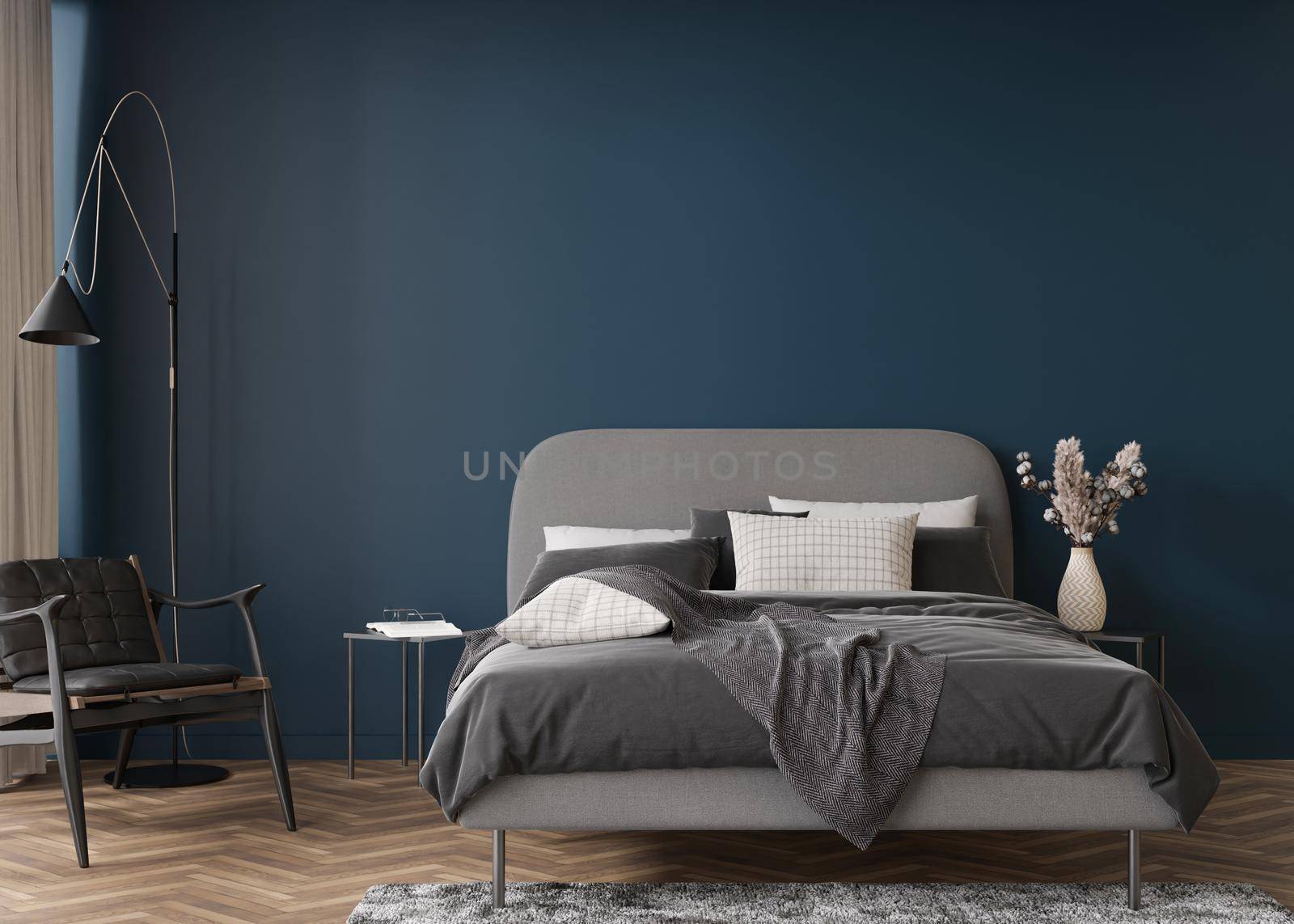 Empty dark blue wall in modern and cozy bedroom. Mock up interior in contemporary style. Free, copy space for your picture, text, or another design. Bed, vase, armchair. 3D rendering