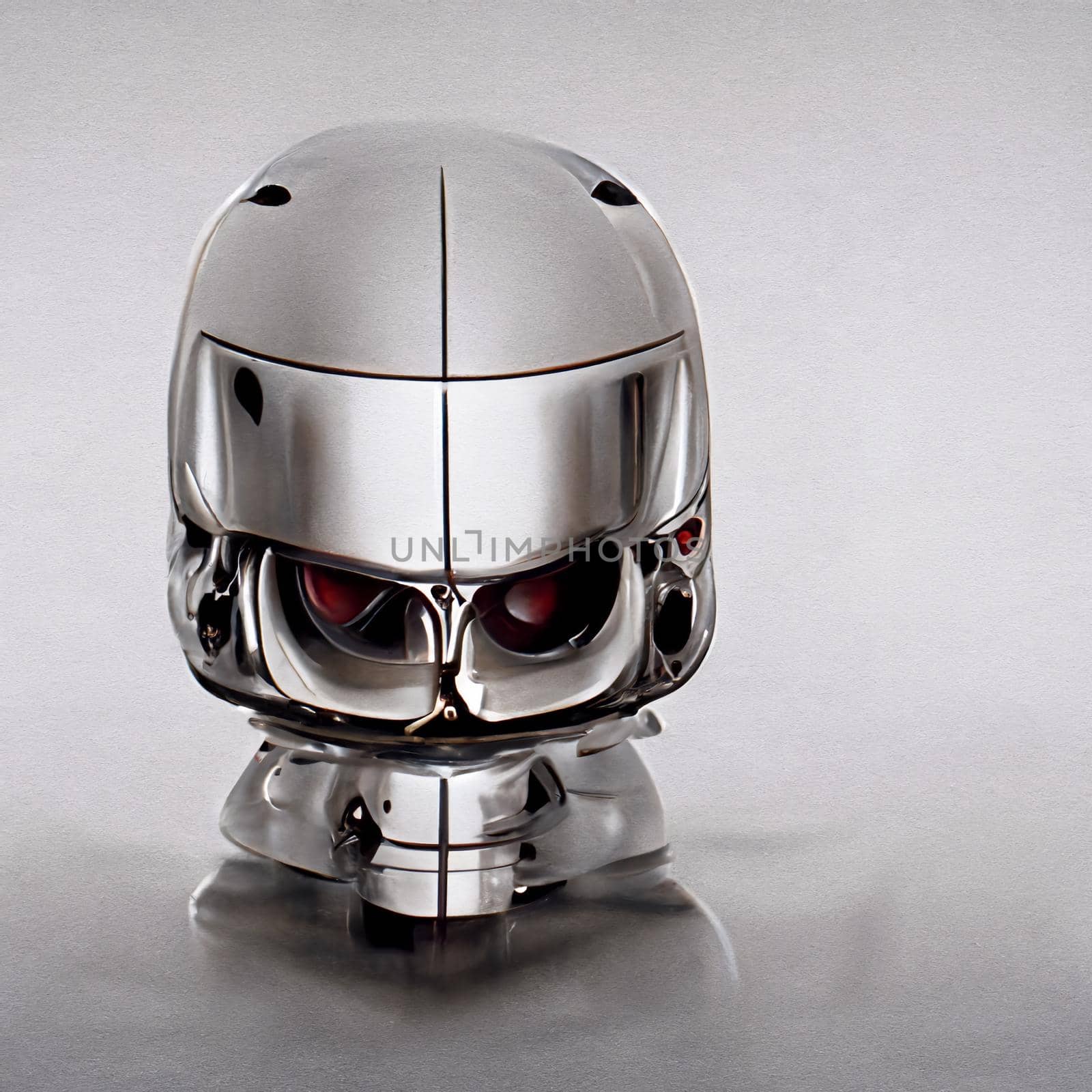 Chromed robot head looking at a the human