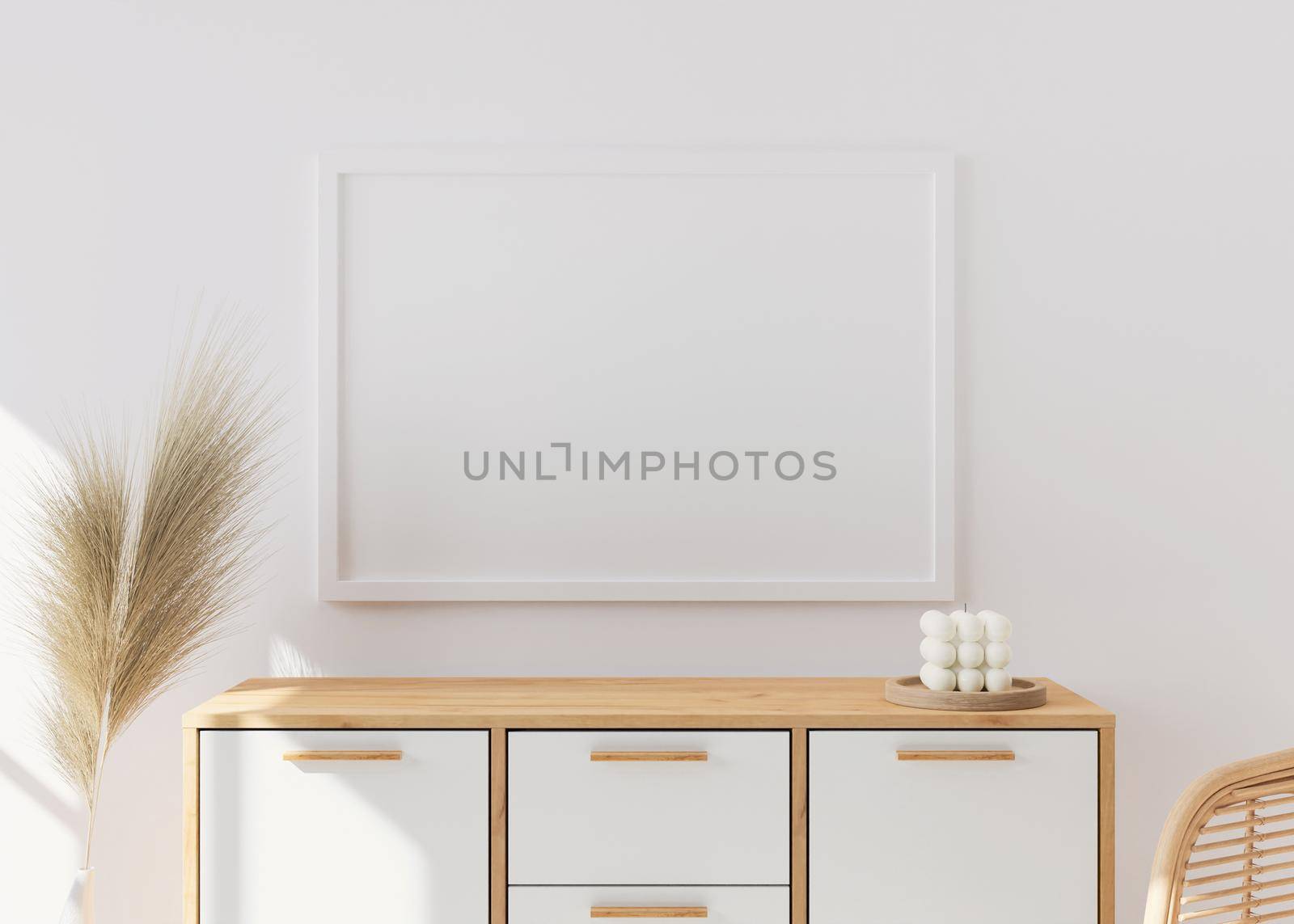 Empty picture frame on white wall in modern living room. Mock up interior in scandinavian, boho style. Close up view. Free space for your picture. Wooden console and pampas grass. 3D rendering. by creativebird
