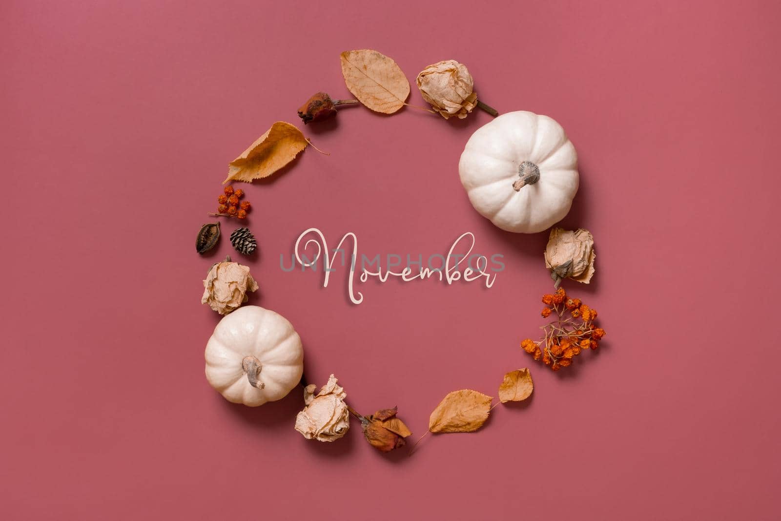 November inscription in wreath of pumpkin, leaves and flowers with berries top view.
