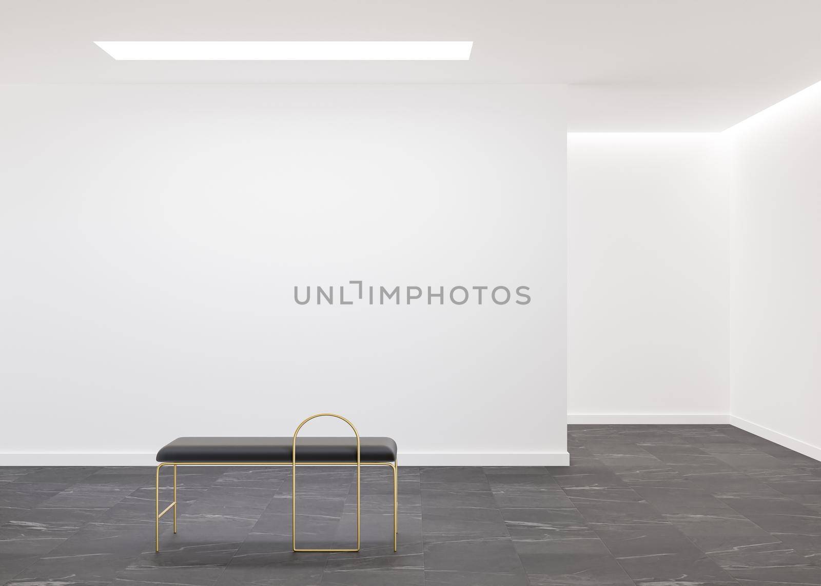 Empty white wall in modern art gallery. Mock up interior in minimalist style. Free, copy space for your artwork, picture, text, or another design. Empty exhibition space. 3D rendering. by creativebird