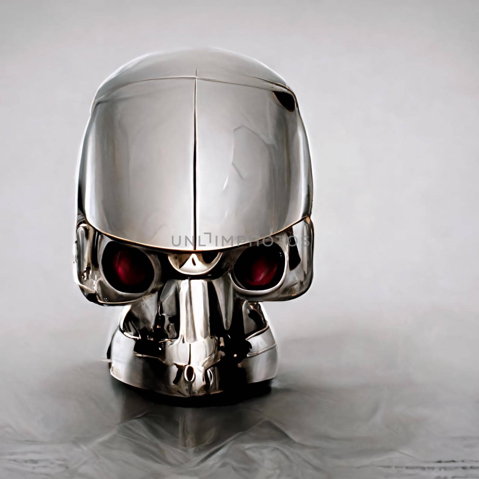 Chromed robot head looking at a the human