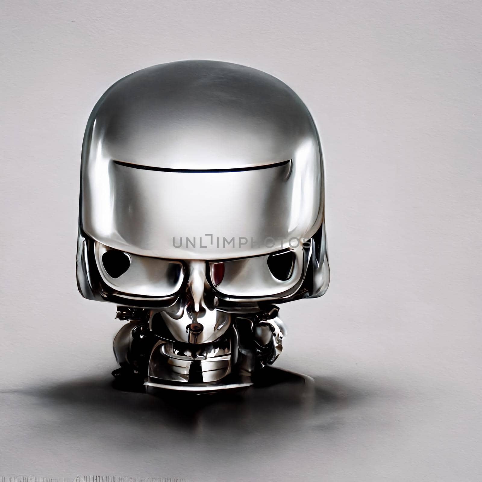Chromed robot head looking at a the human