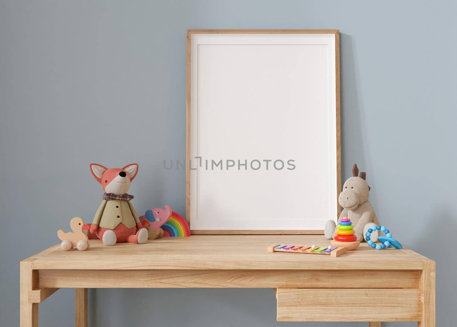 Empty vertical picture frame standing on the desk in modern child room. Frame mock up in contemporary style. Free, copy space for picture, poster. Plush and wooden toys. Close up view. 3D rendering. by creativebird
