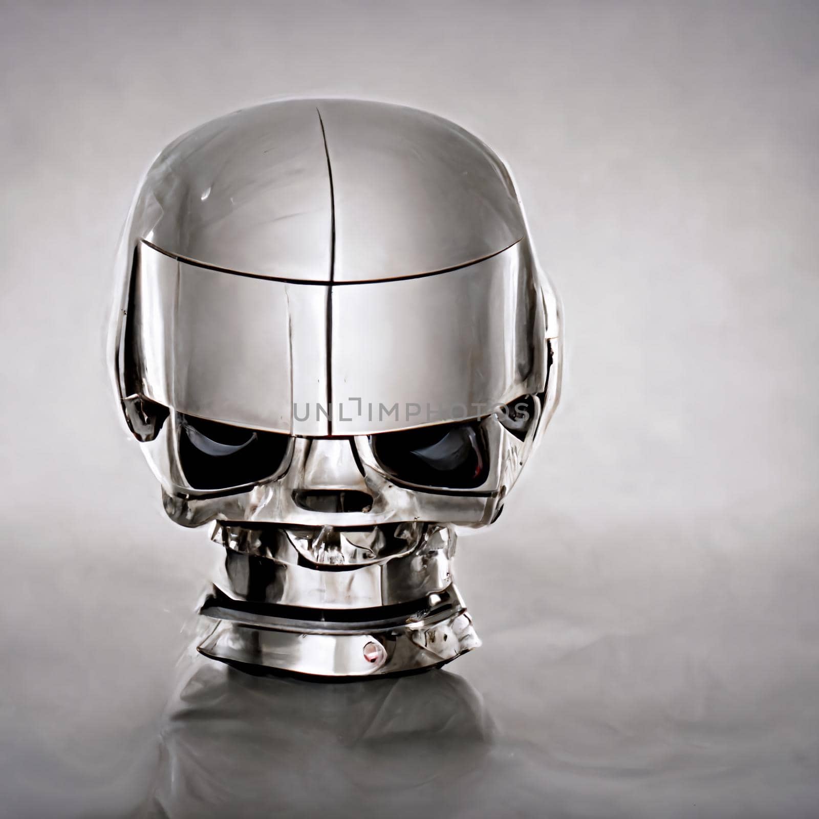 Chromed robot head looking at a the human