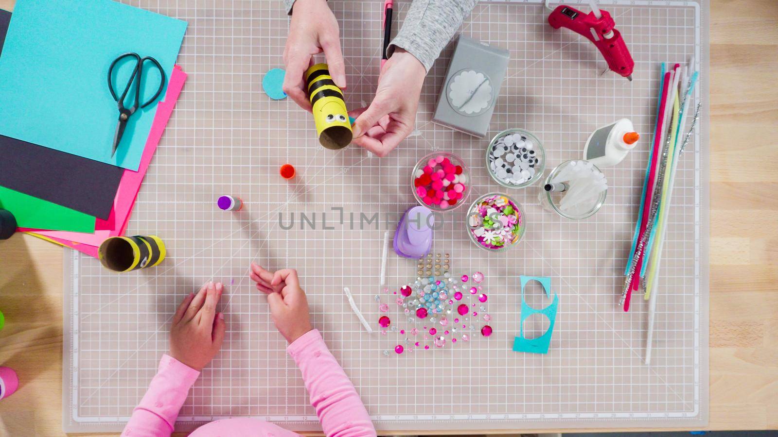 Flat lay. Kids papercraft. Making paper bugs out of the empty toilet paper rolls and construction paper.