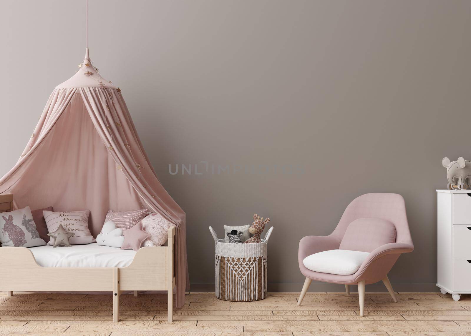 Empty brown wall in modern child room. Mock up interior in scandinavian style. Free, copy space for your picture, poster. Bed, toys. Cozy room for kids. 3D rendering