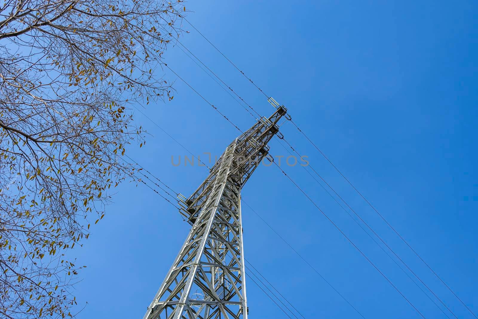 Bottom view of a power transmission tower against the sky by Skaron