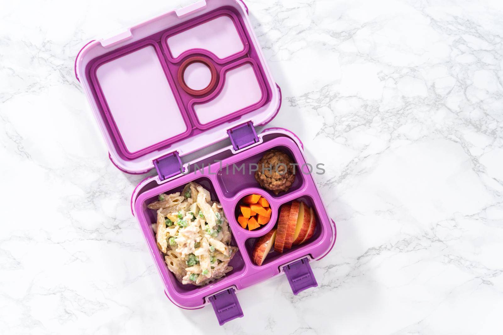 Flat lay. School lunch bento box with macaroni salad with chicken and apples.