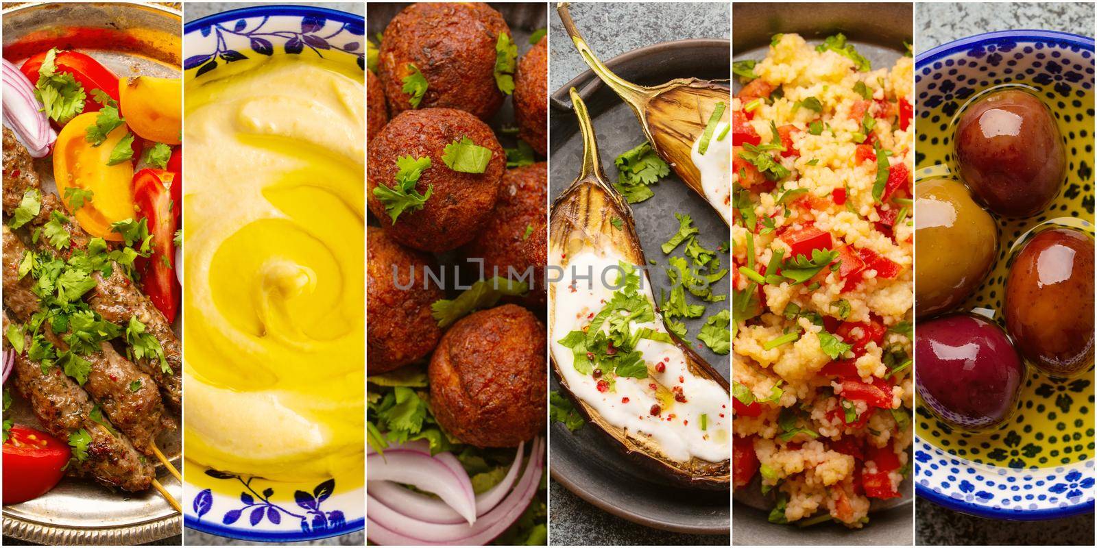 Collage of different Middle Eastern food set. Assortment of various Arab traditional dishes and products as meat kebab, falafel, hummus, couscous, baked eggplants. Concept banner or template .