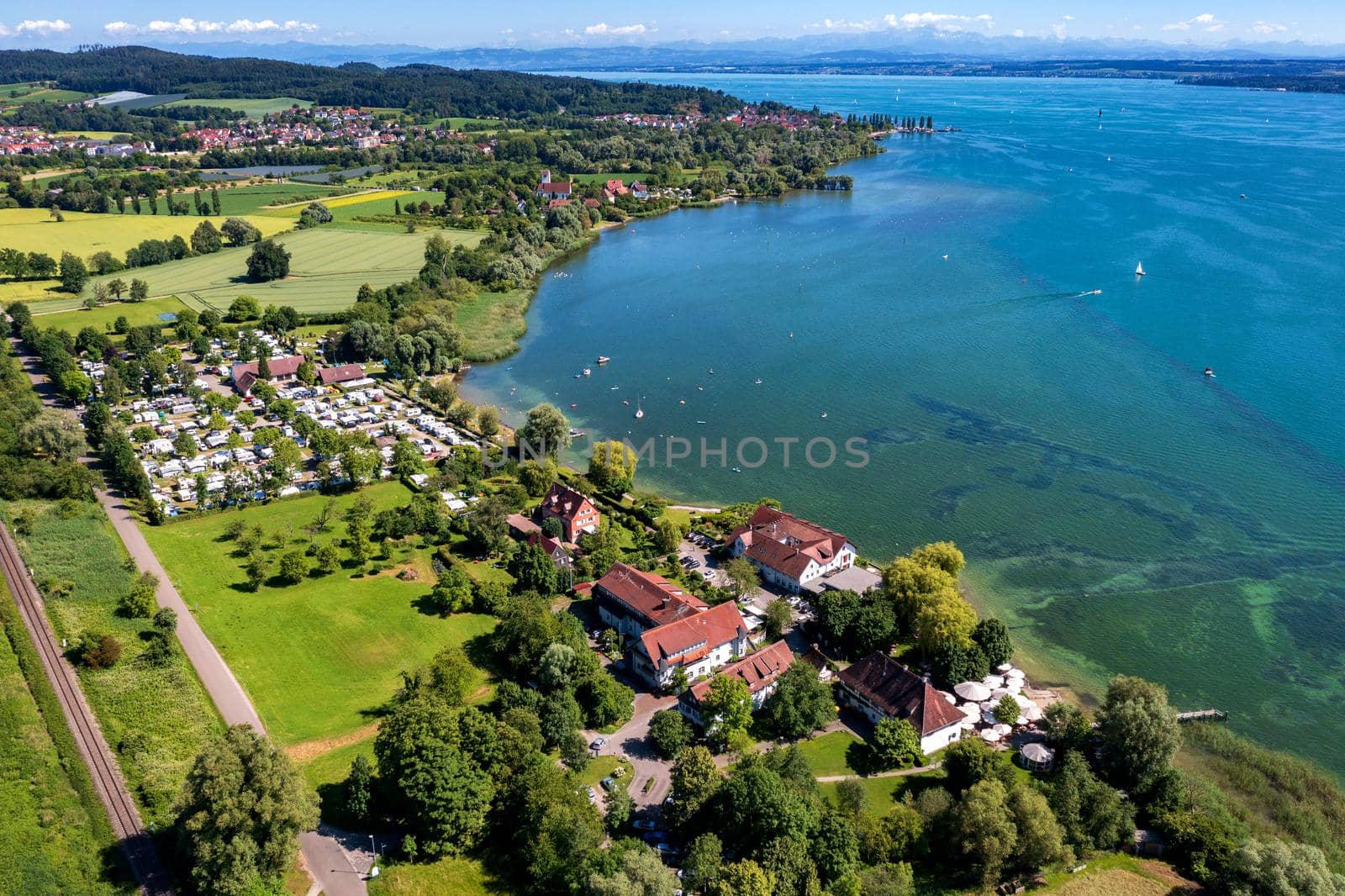 Aerial view from drone of beautiful coastline Bodensee lake