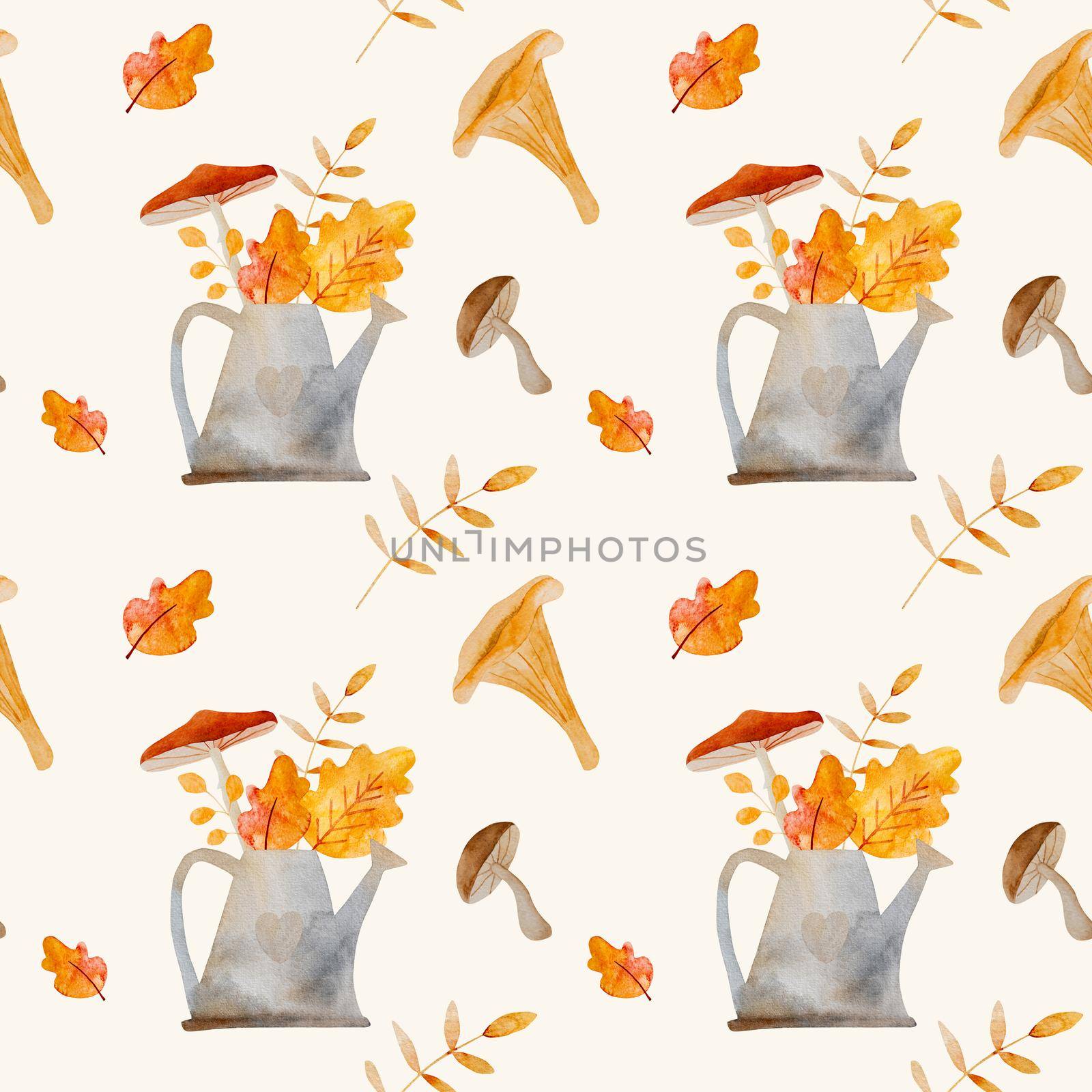 Autumn watercolor drawings with kettle and yellow orange leaves and mushroom bouquet seamless pattern. Aquarelle ilustration with agaric and botanical fall seasonal bouquet