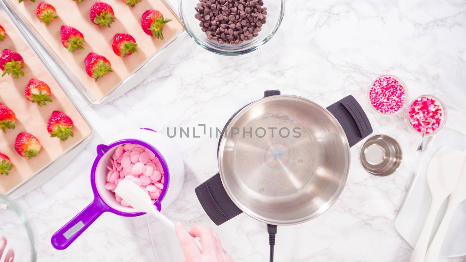 Flat lay. Step by step. Melting chocolate chips in chocolate melting pots.