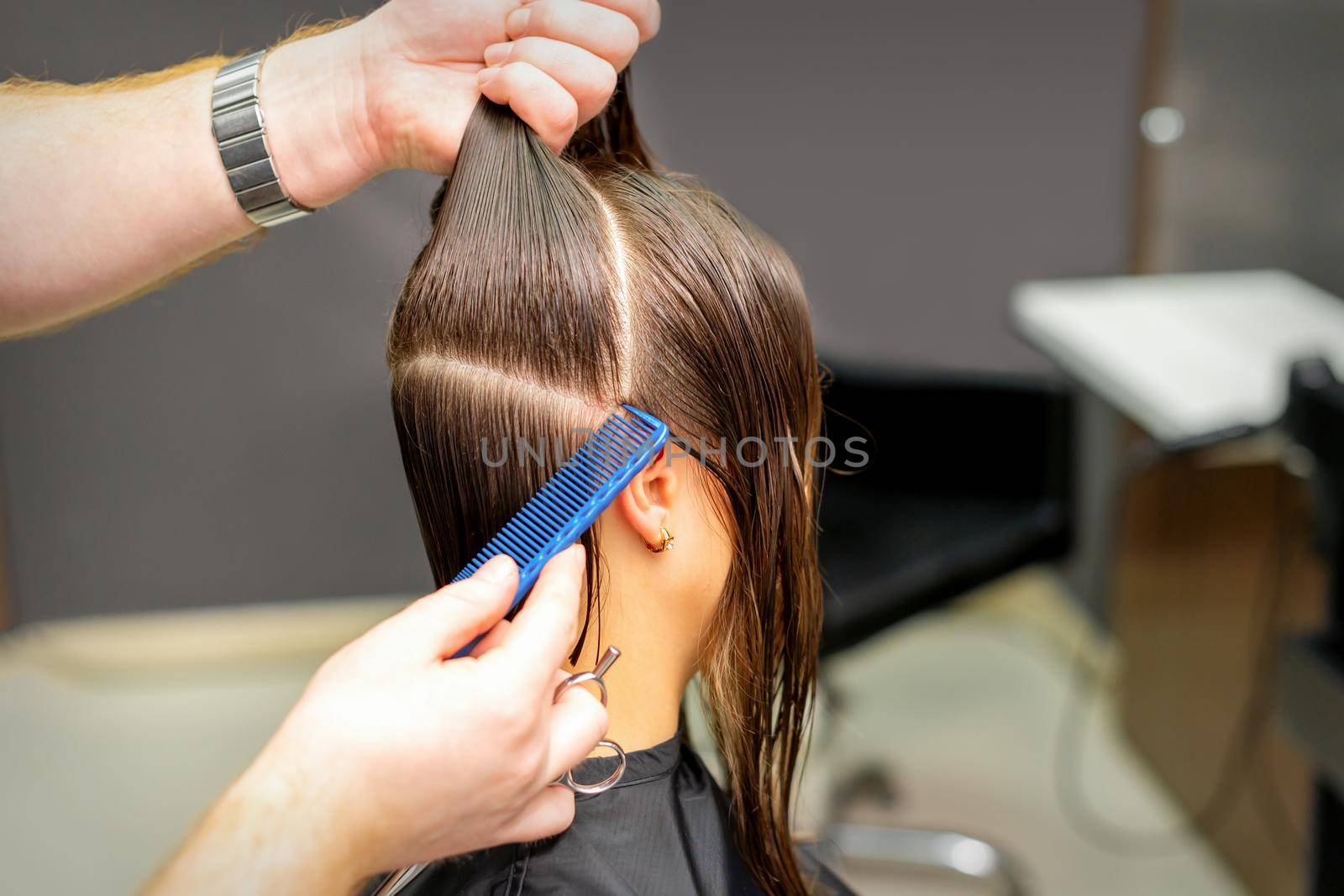 Male coiffeur divides women hair into sections with comb and hands in a beauty salon. by okskukuruza