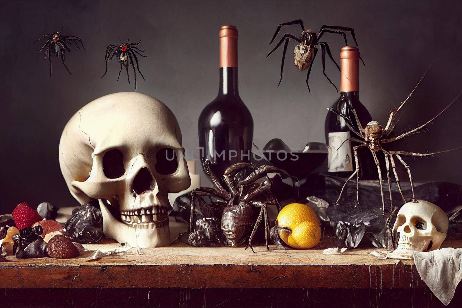 3D Render of skull and rotten food on antique table. Design for Halloween concept.