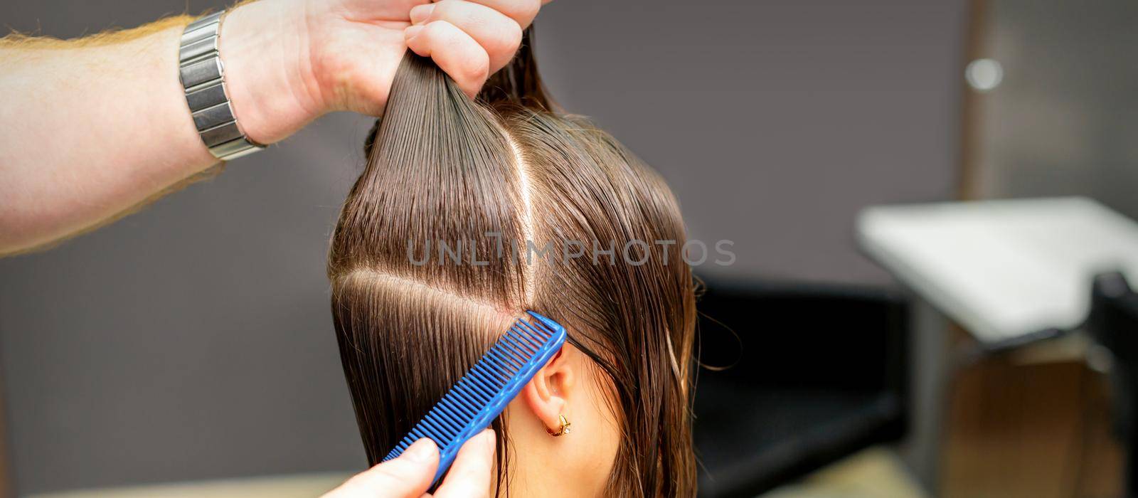 Male coiffeur divides women hair into sections with comb and hands in a beauty salon