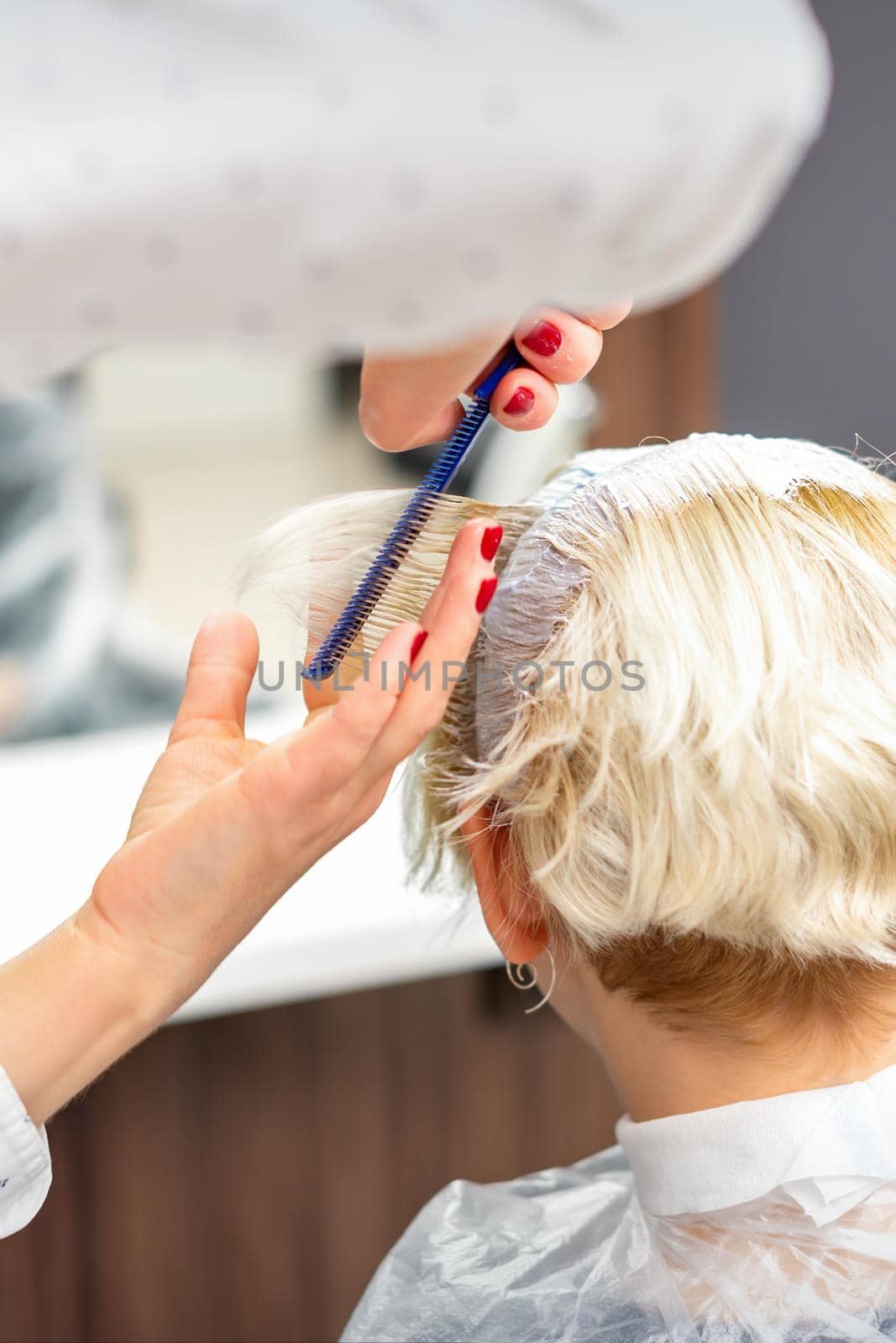 Female hairdresser styling short white hair of the young blonde woman with hands and comb in a hair salon