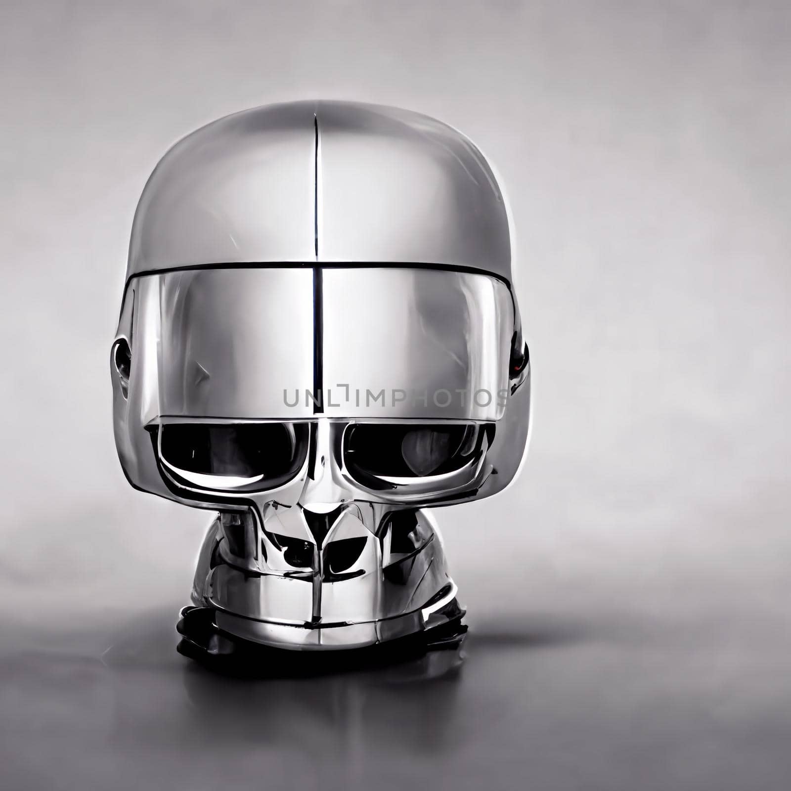 Chromed robot head looking at a the human