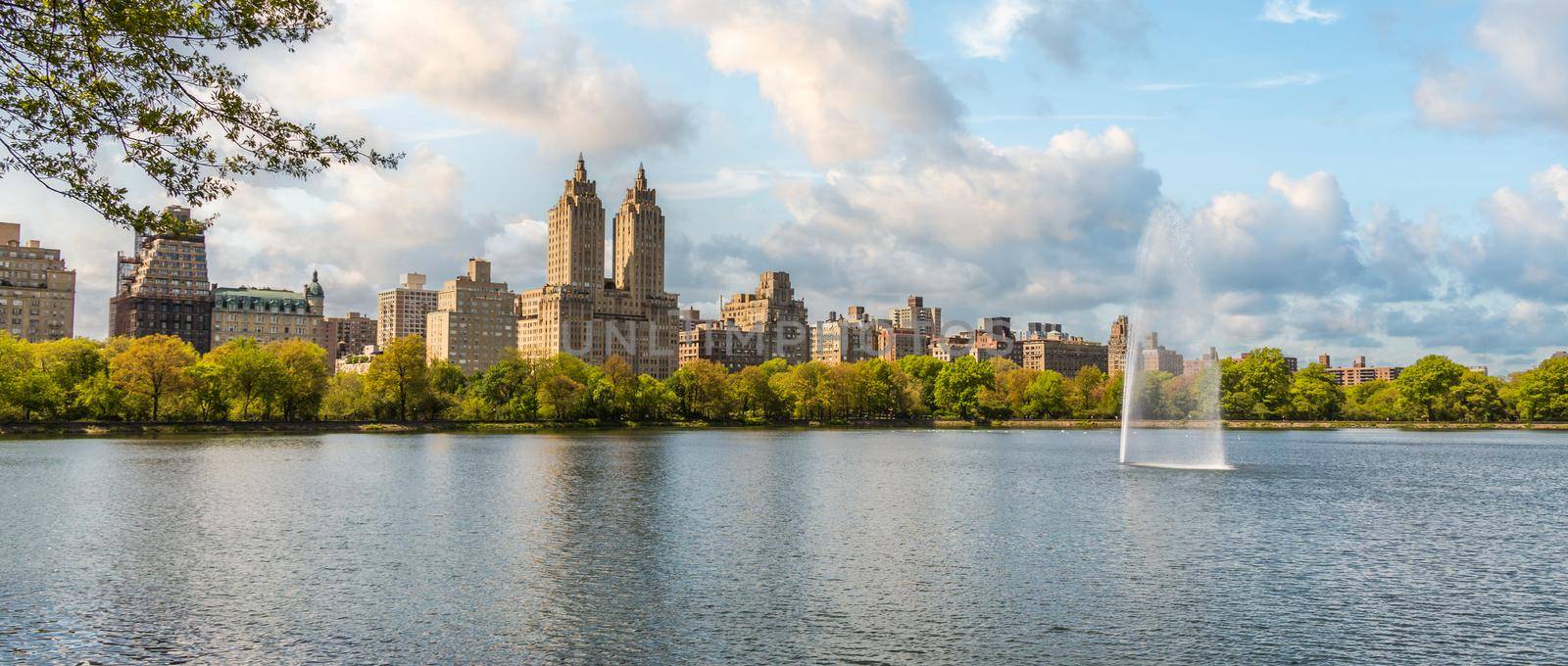 Panorama with Eldorado building and reservoir with fountain in Central Park in midtown Manhattan in New York City upper west side by Mariakray
