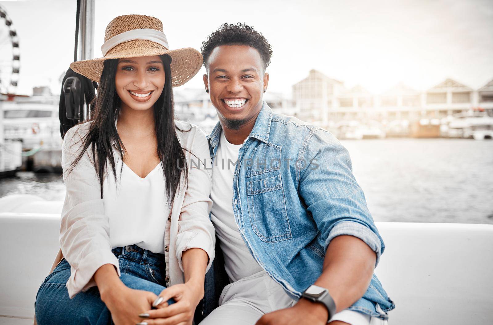 Couple, love and yacht with a man and woman on a date on the sea or ocean with the city, harbor or promenade in the background. Dating, romance and affection with a diverse male and woman outdoor by YuriArcurs