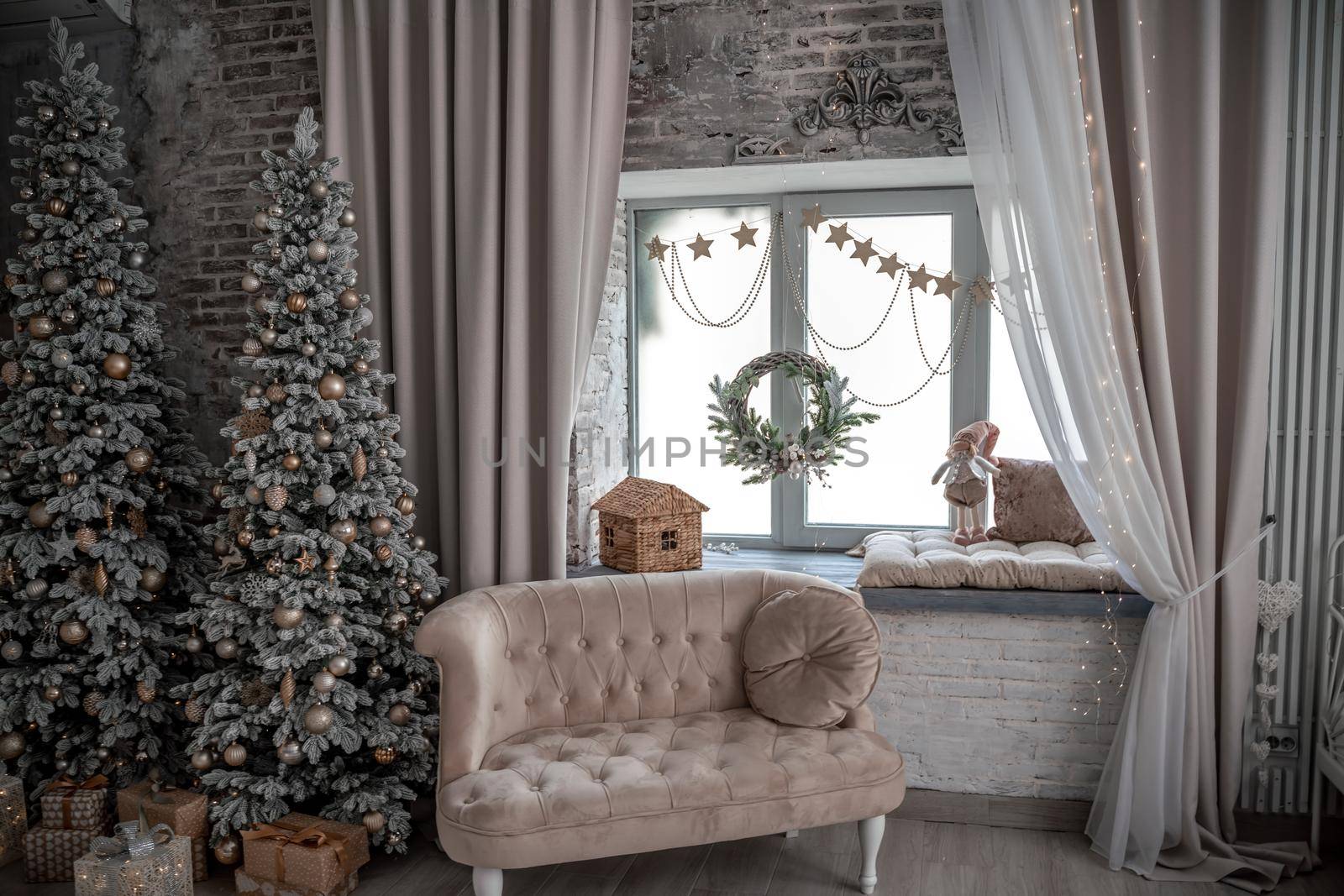 Window sill with New Year's elements - Christmas trees, decorations, Christmas balls. Merry Christmas and Happy New Year greeting card. Cozy background.
