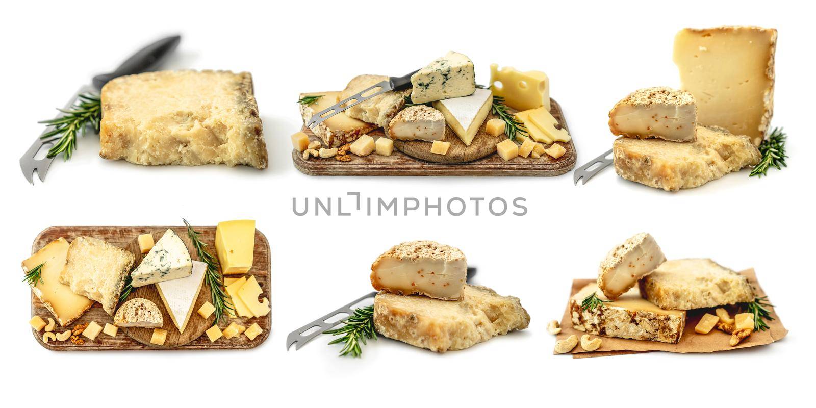 collage various types of cheeses on a white background