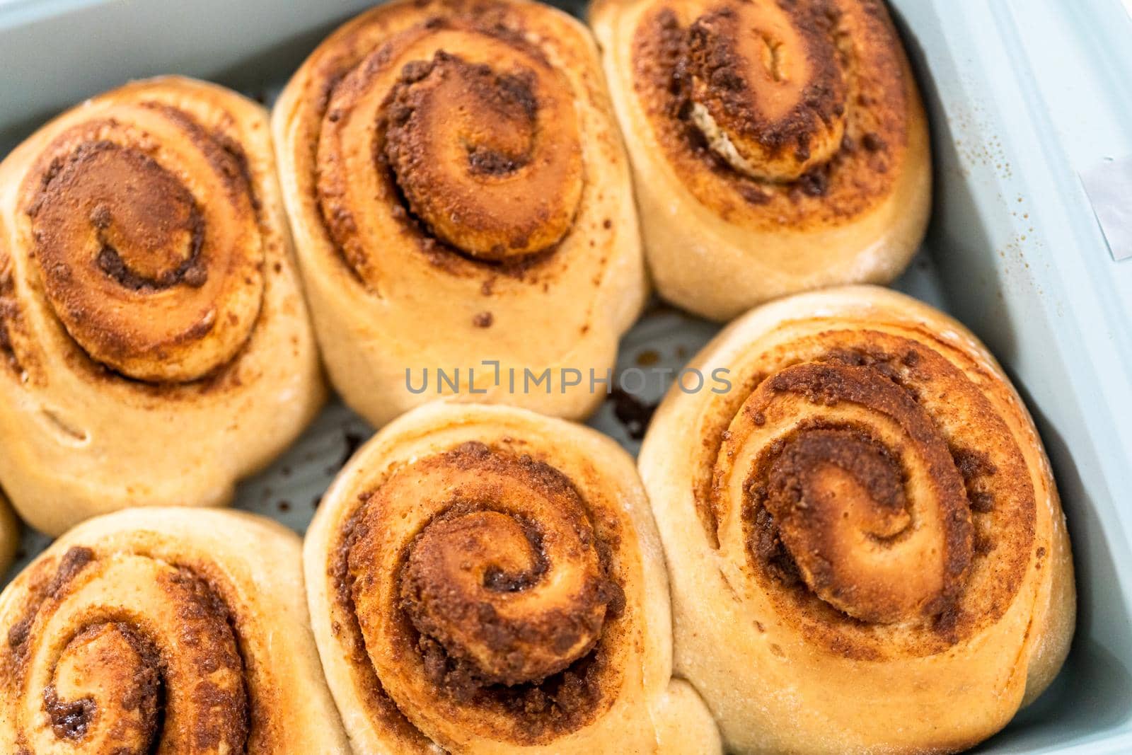 Freshly baked cinnamon rolls in a blue baking pan.