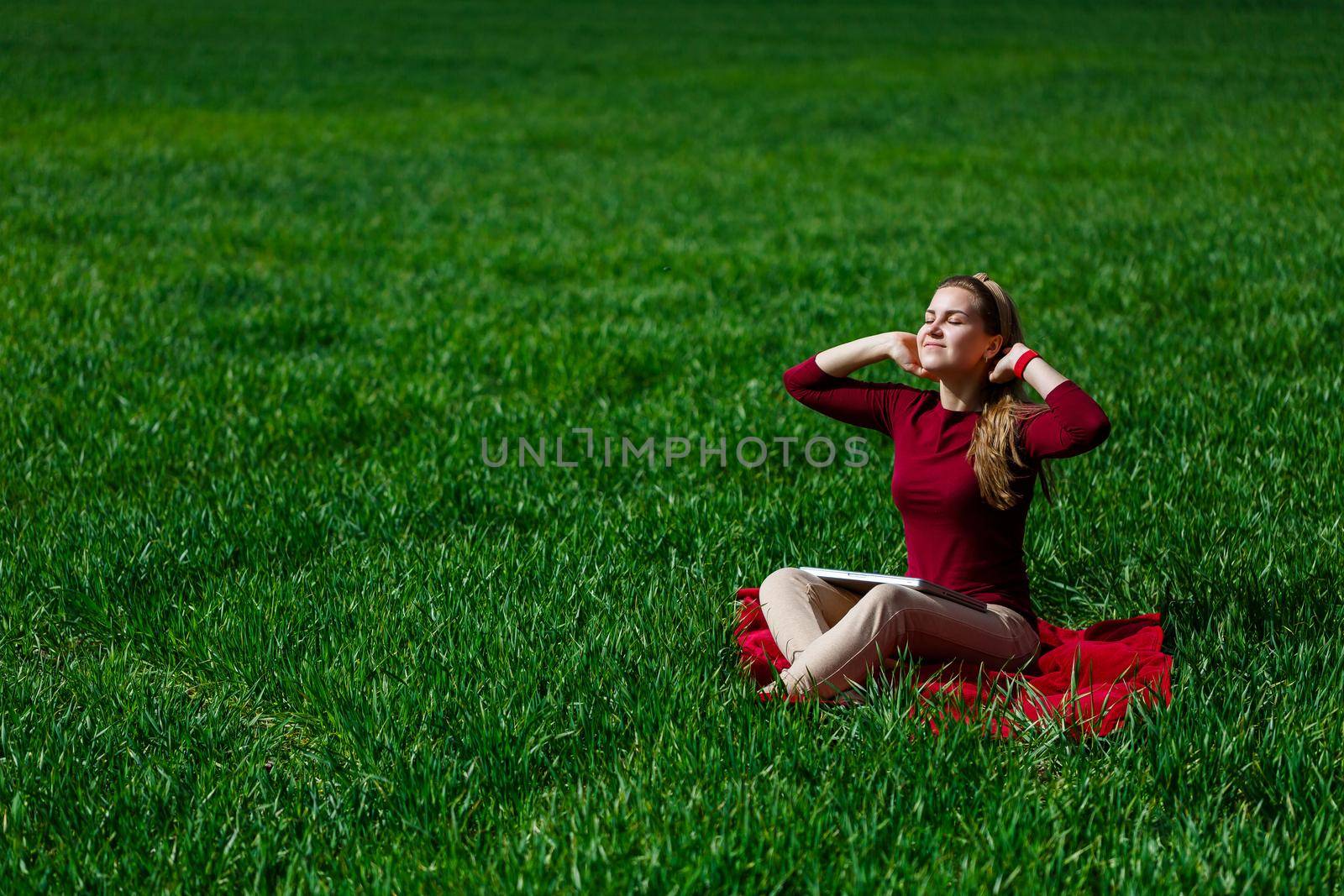 Young successful woman is sitting on green grass with a laptop in her hands. Rest after a good working day. Work on the nature. Student girl working in a secluded place. New business ideas by Dmitrytph